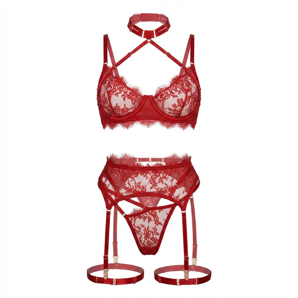 Strappy Collar Lace Bra Garter Belt And Thong Set