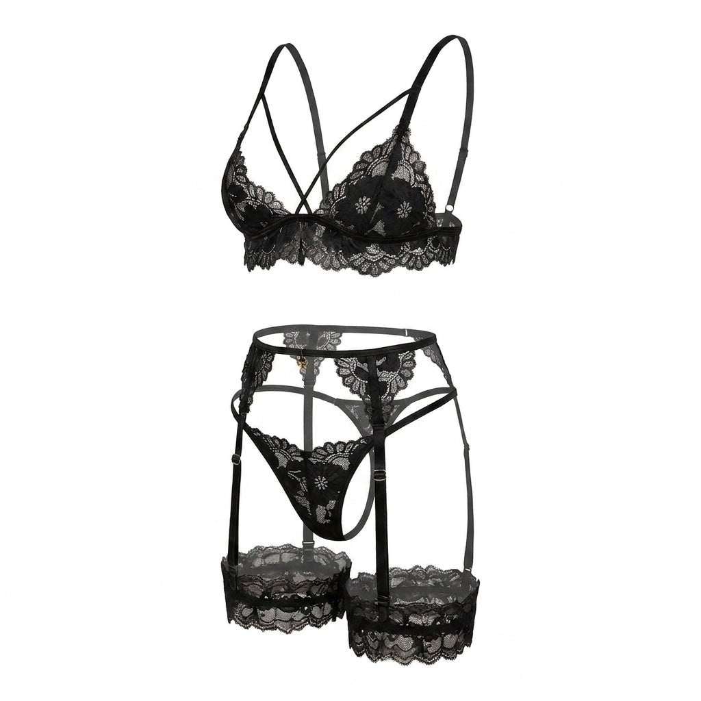 Strappy Lace Four Piece Lingerie Set