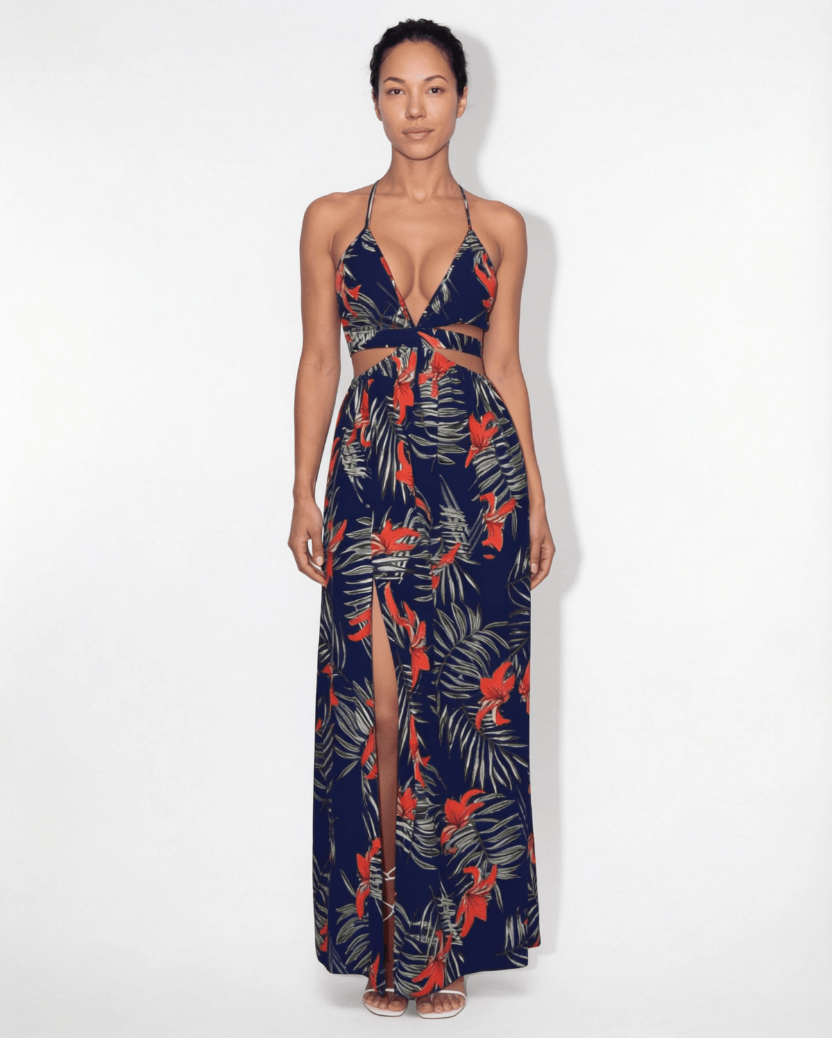 Tropical-Print Halter Plunge Maxi Dress