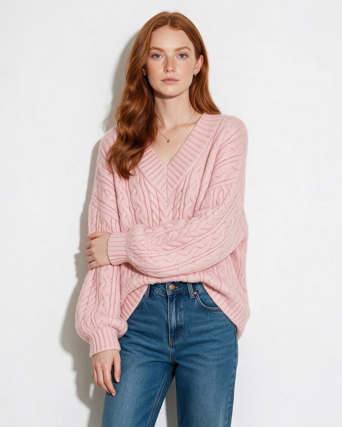 Oversized Cable Knit V-Neck Jumper