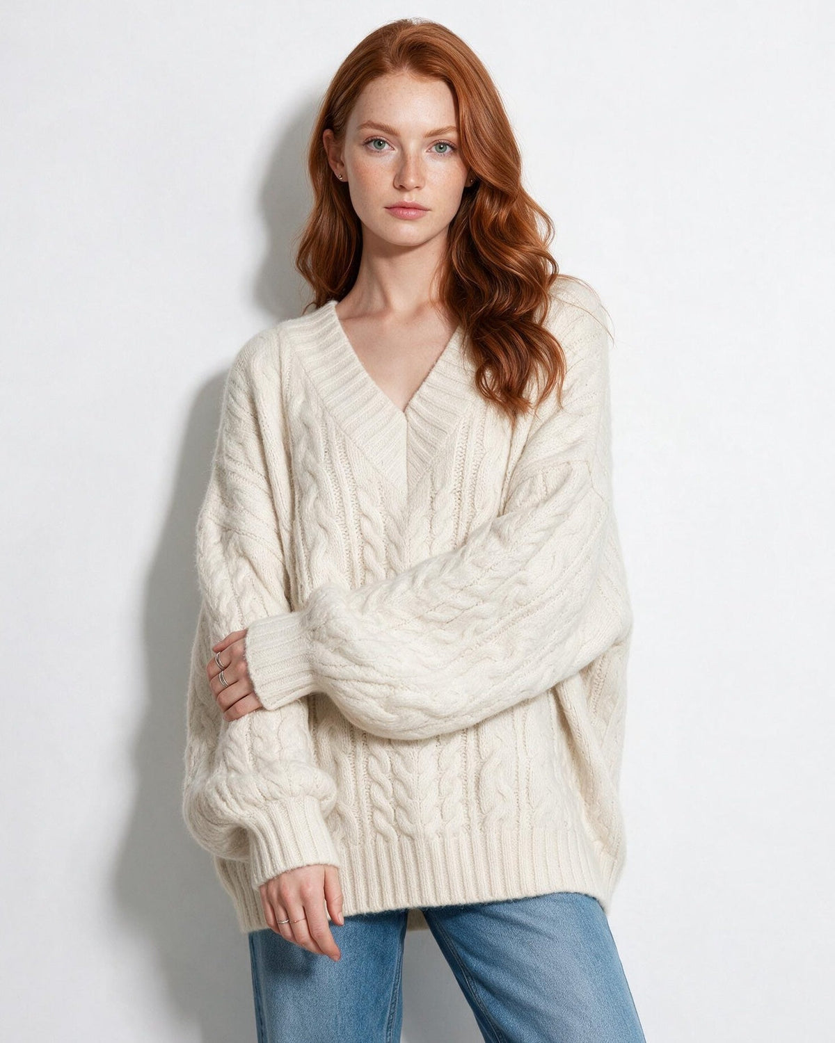 Oversized Cable Knit V-Neck Jumper