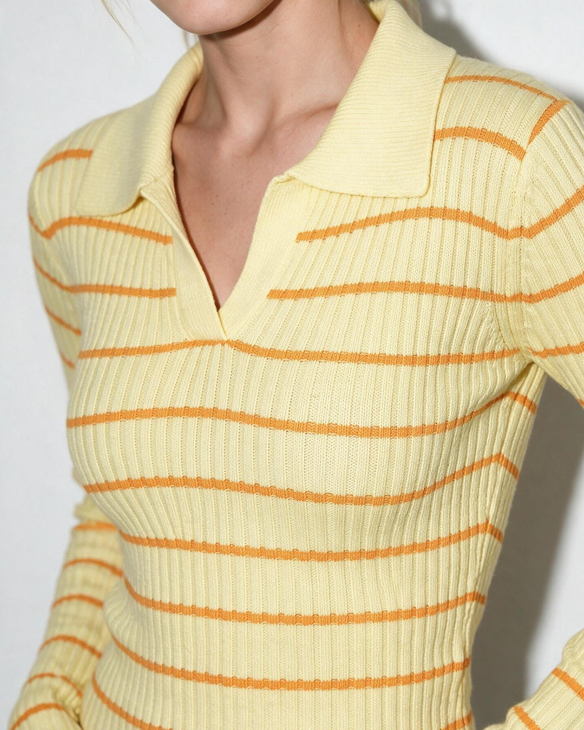 Striped Rib-Knit Polo Top