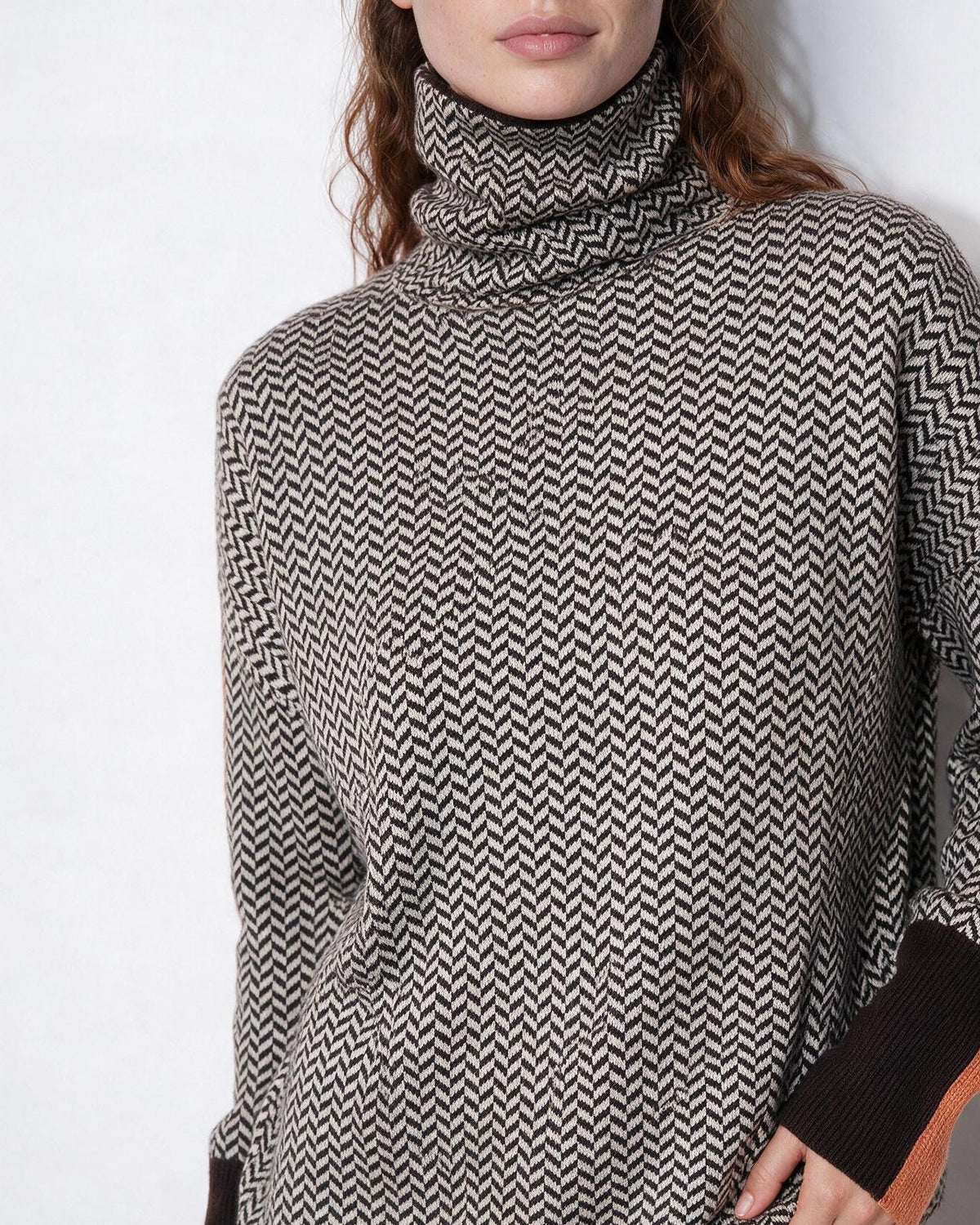 Herringbone Contrast-Stripe Turtleneck Jumper