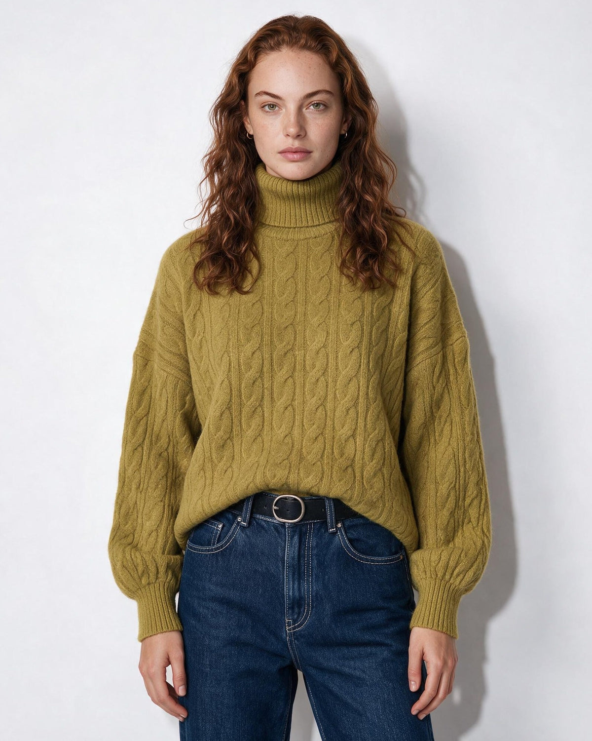Cable Knit Balloon-Sleeve Turtleneck Jumper