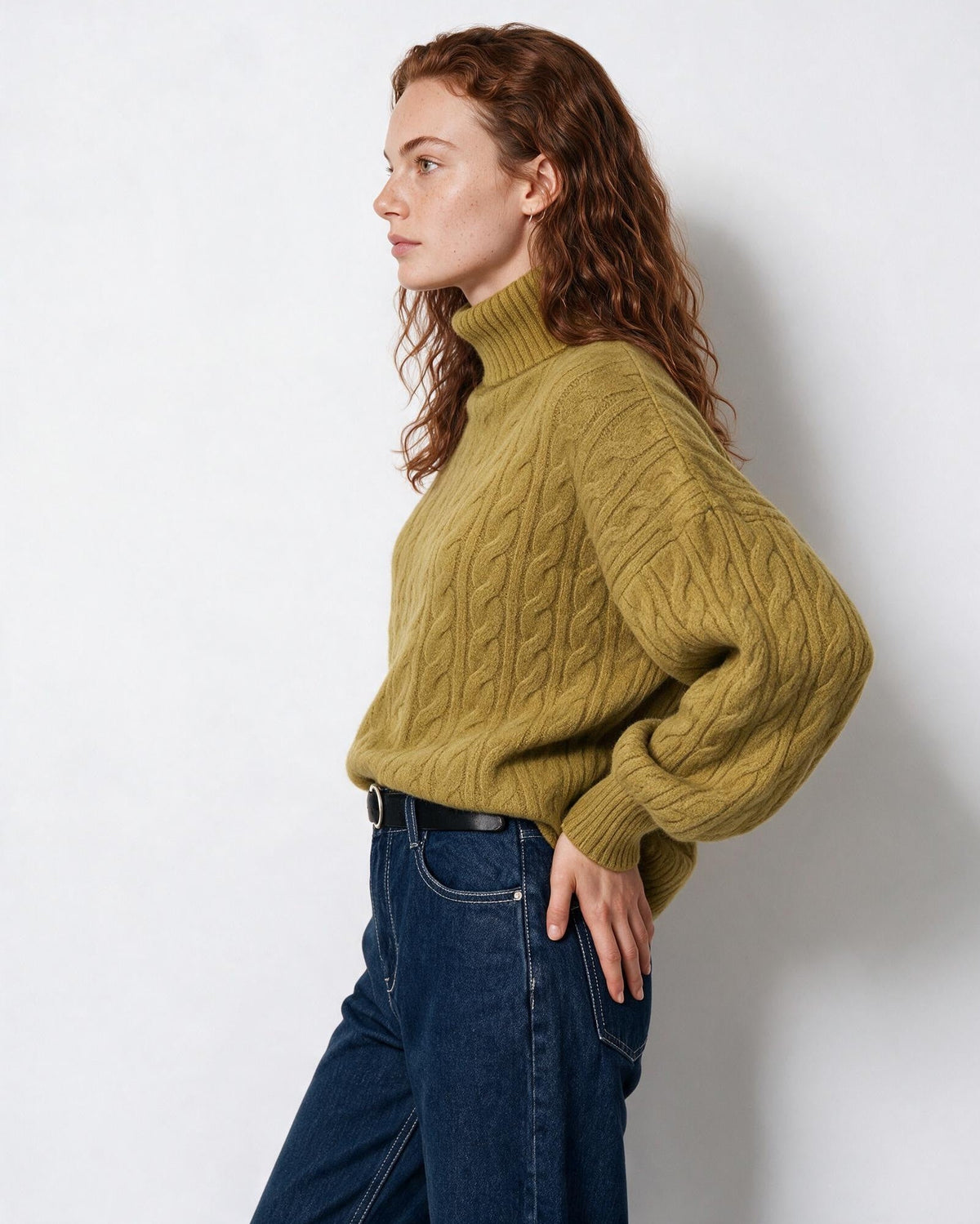 Cable Knit Balloon-Sleeve Turtleneck Jumper