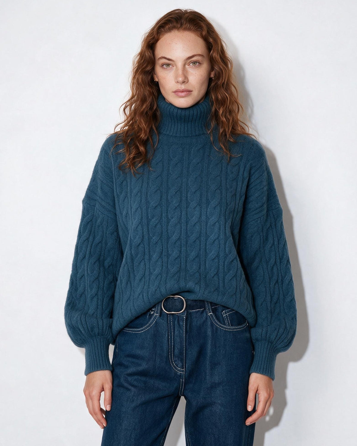 Cable Knit Balloon-Sleeve Turtleneck Jumper