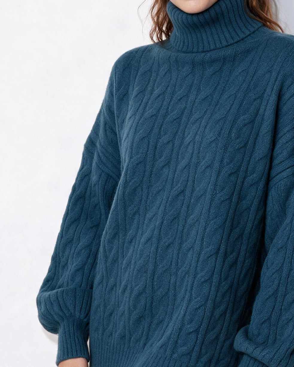 Cable Knit Balloon-Sleeve Turtleneck Jumper