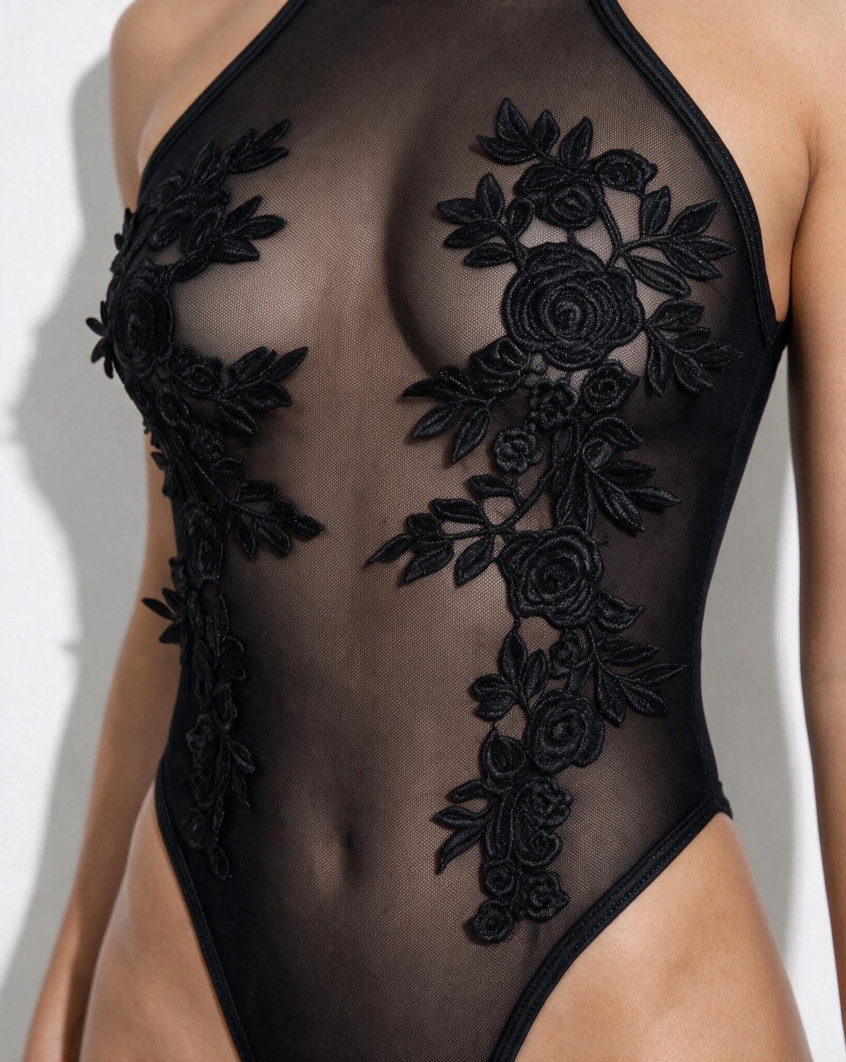 Lace Appliqué Halter Bodysuit With Back Cutout