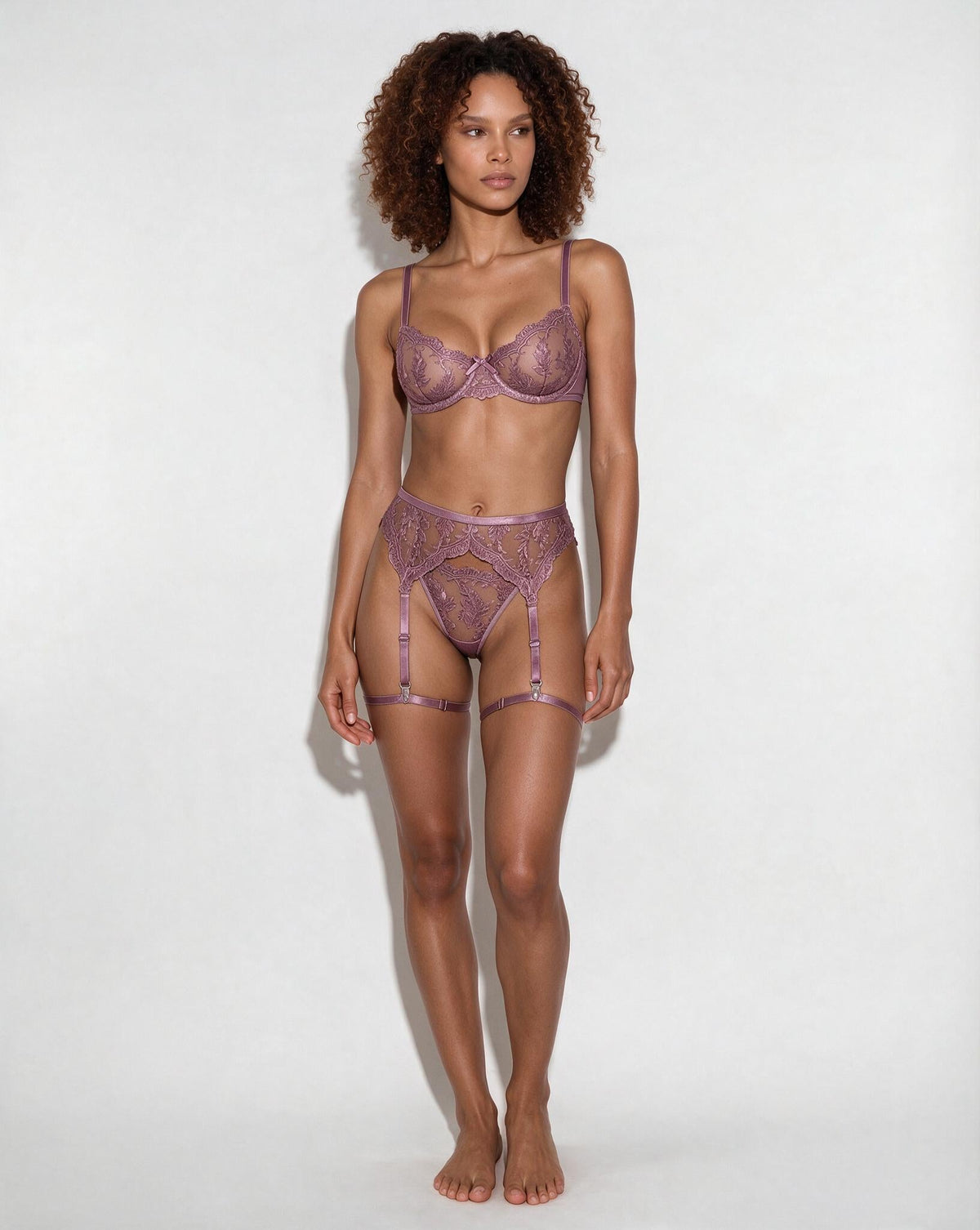 Embroidered Lace Bra Garter Belt Thong Set