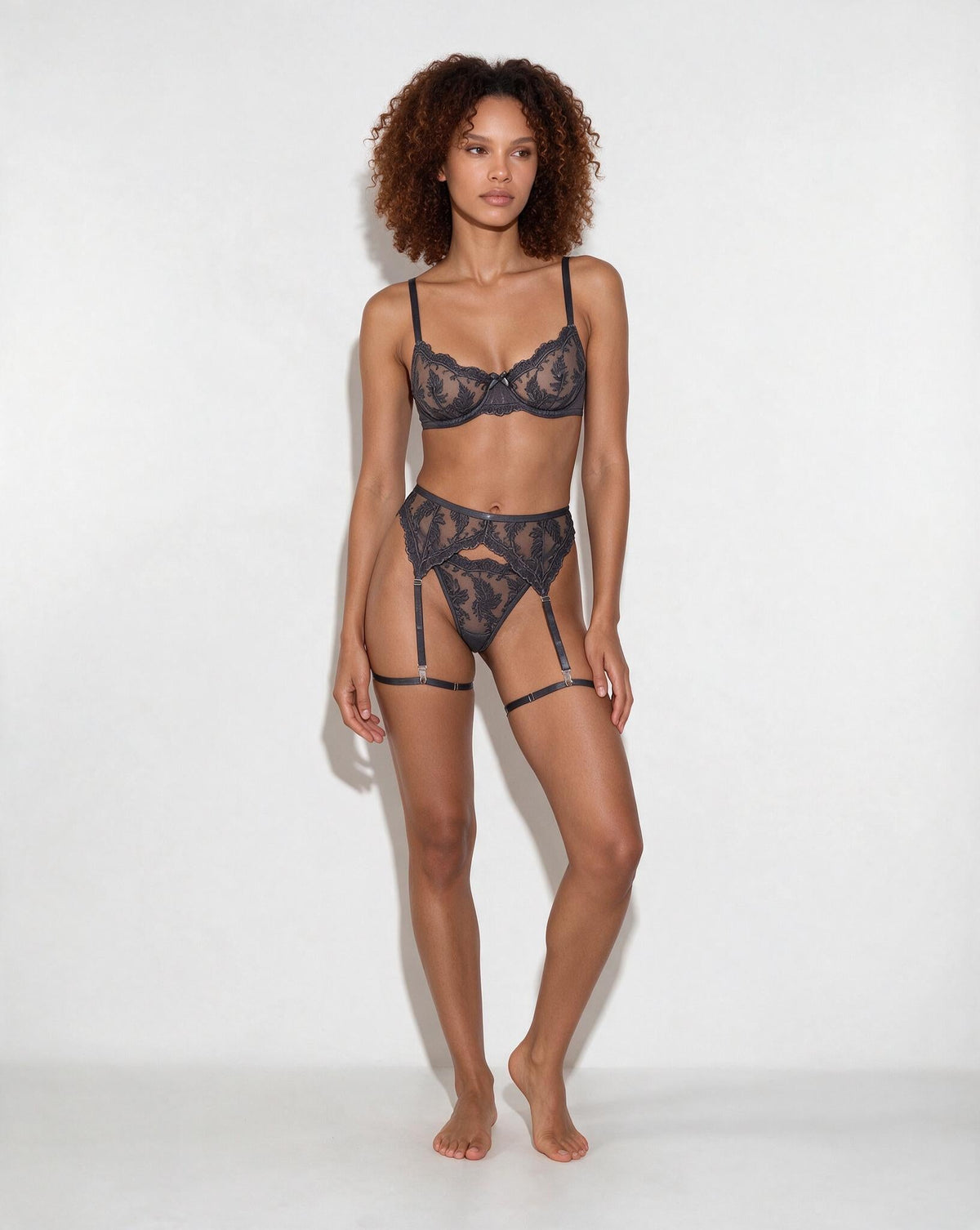 Embroidered Lace Bra Garter Belt Thong Set