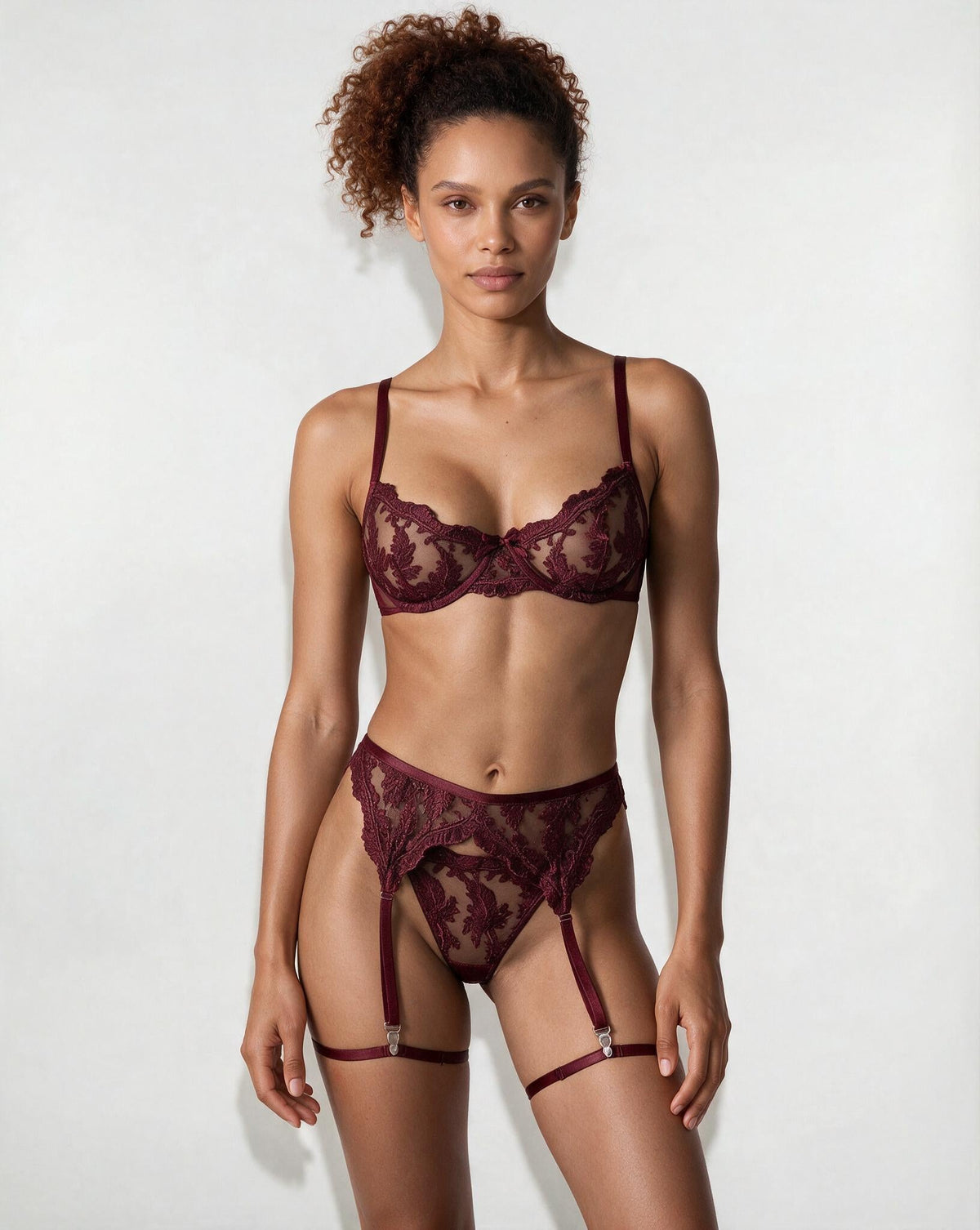 Embroidered Lace Bra Garter Belt Thong Set