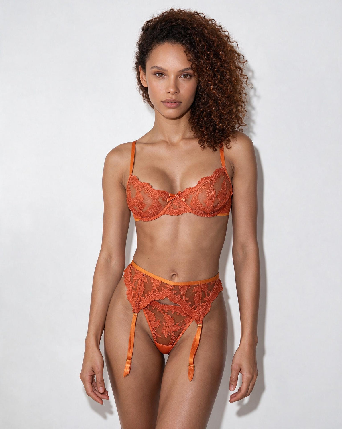 Embroidered Lace Bra Garter Belt Thong Set