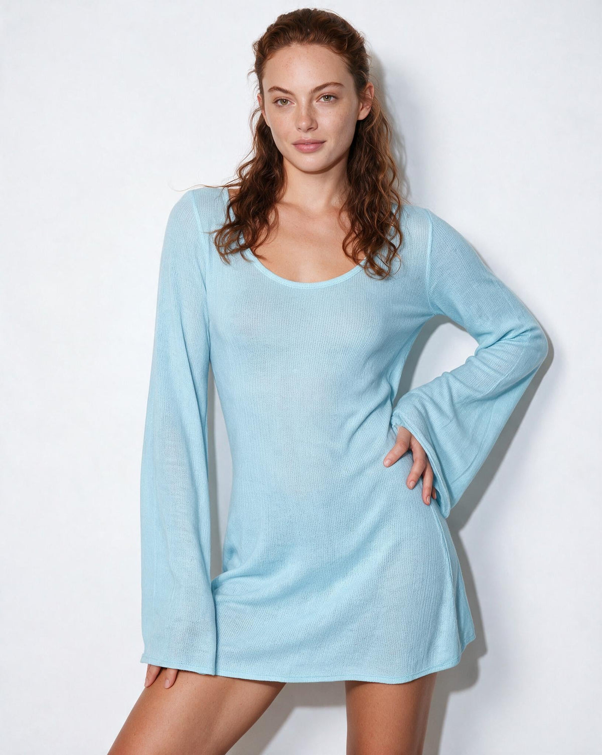 Sheer Knit Long-Sleeve Scoop-Neck Mini Dress