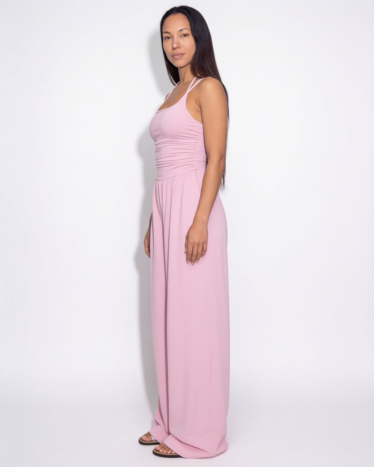 Ruched Strappy Wide-Leg Jumpsuit