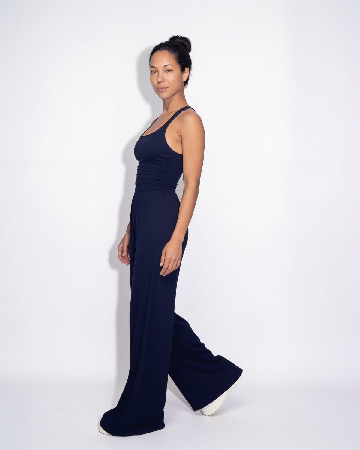 Ruched Strappy Wide-Leg Jumpsuit