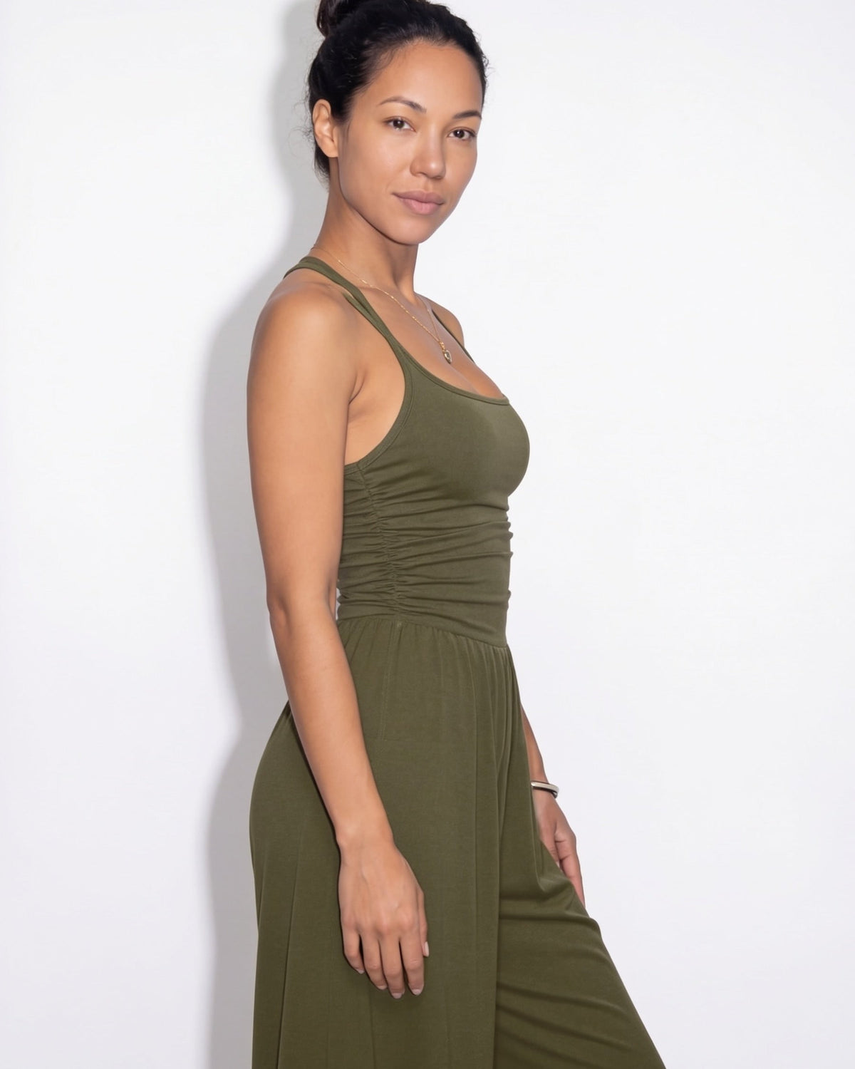 Ruched Strappy Wide-Leg Jumpsuit