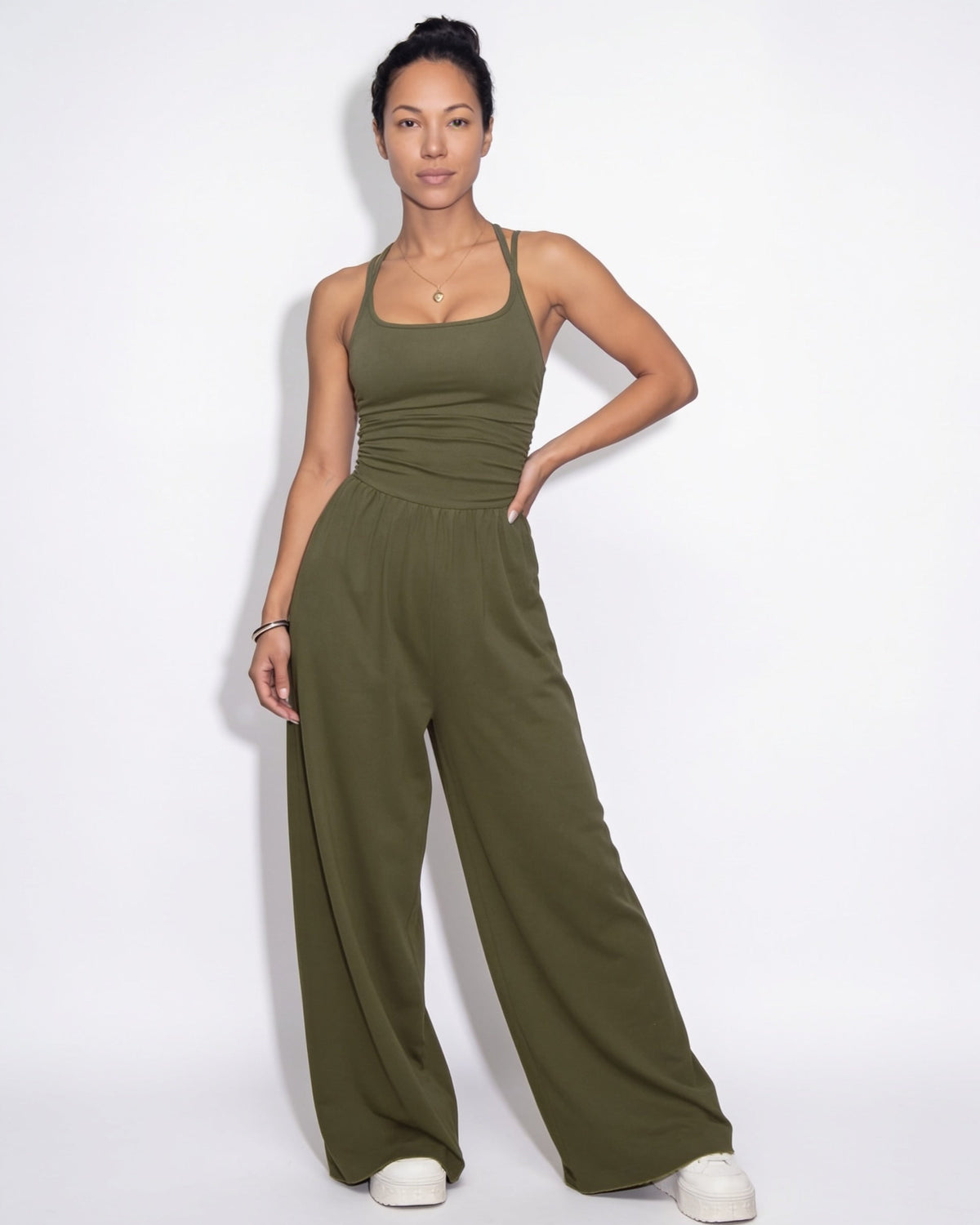 Ruched Strappy Wide-Leg Jumpsuit