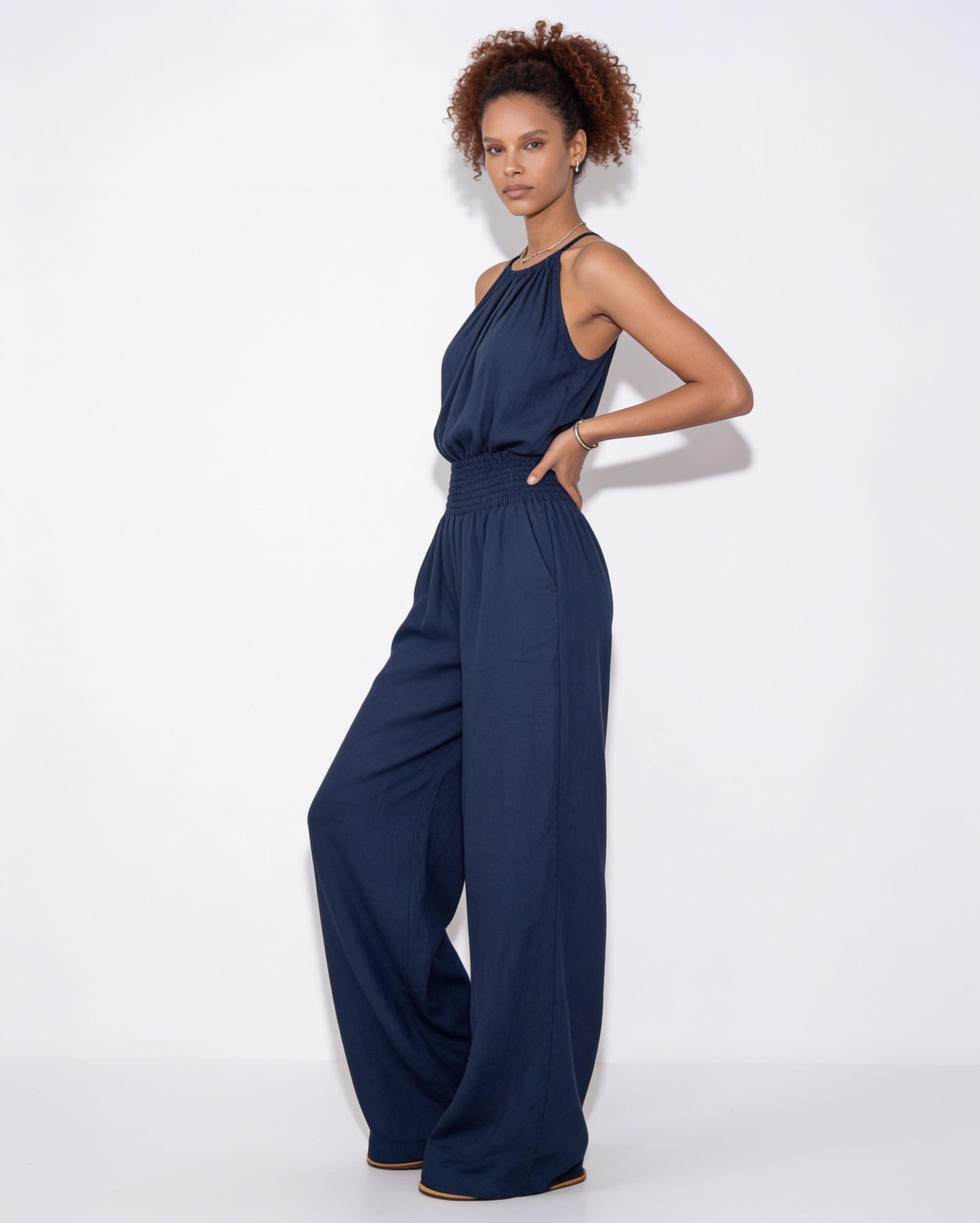 Halterneck Smocked-Waist Wide-Leg Jumpsuit