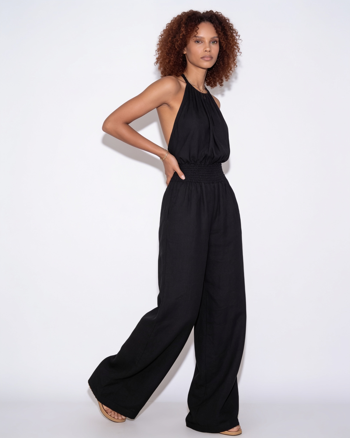 Halterneck Smocked-Waist Wide-Leg Jumpsuit