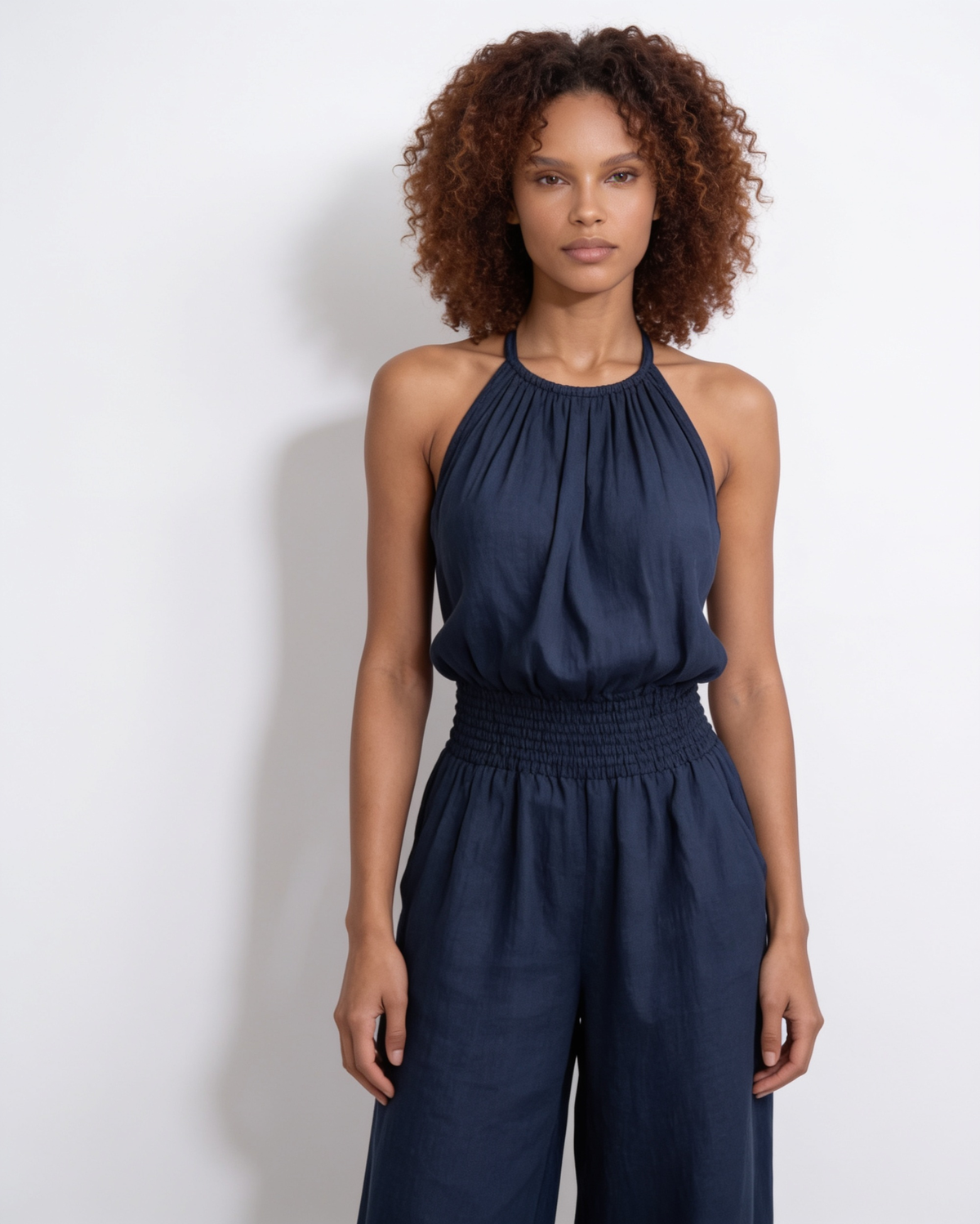 Halterneck Smocked-Waist Wide-Leg Jumpsuit