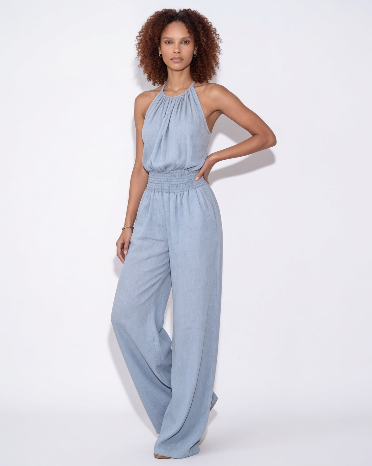 Halterneck Smocked-Waist Wide-Leg Jumpsuit