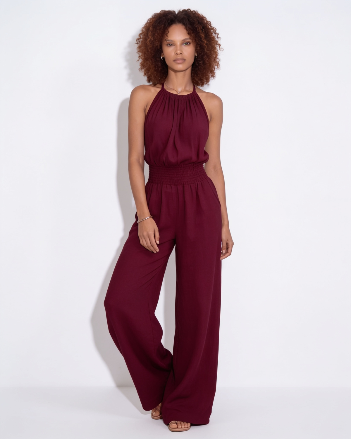 Halterneck Smocked-Waist Wide-Leg Jumpsuit