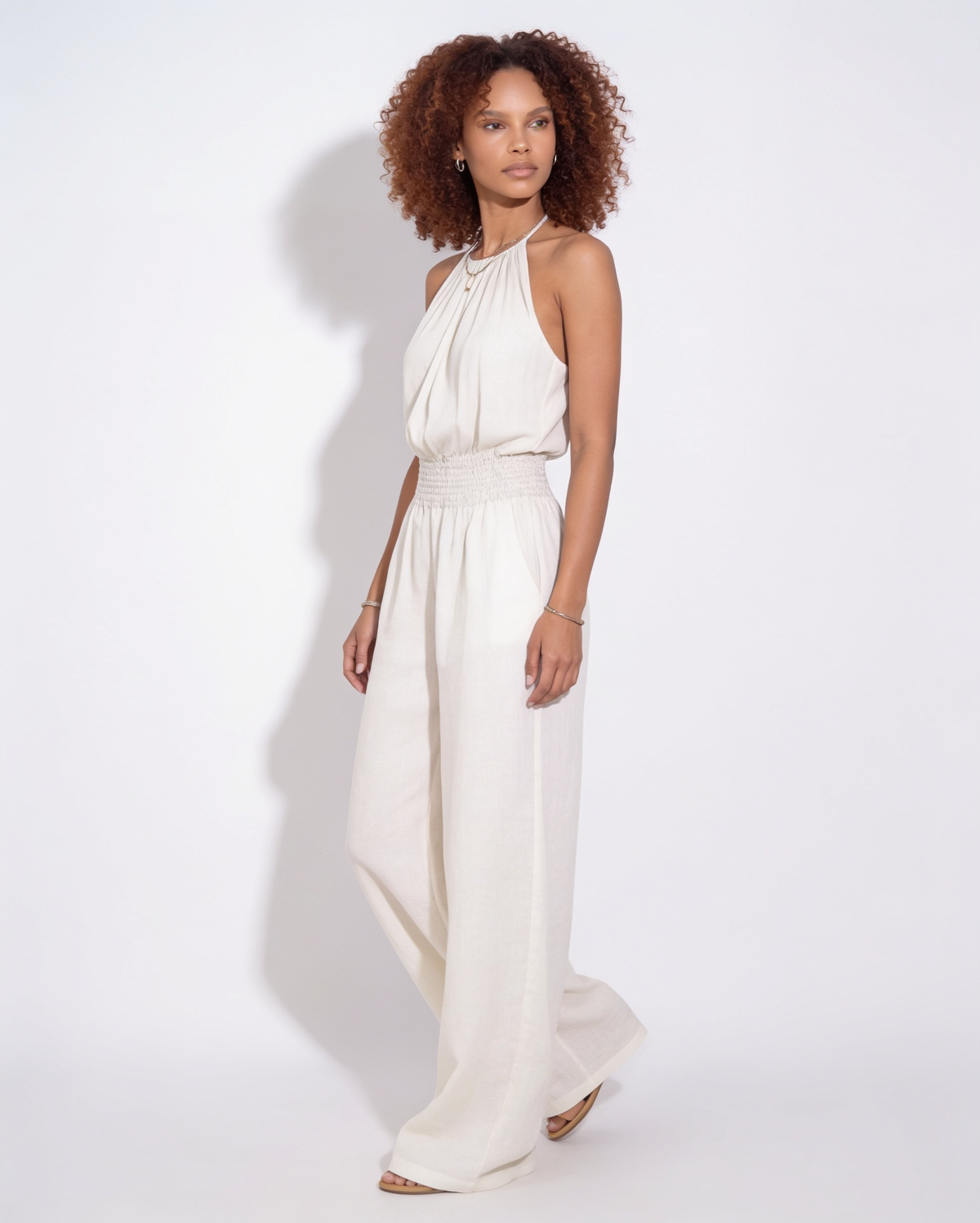Halterneck Smocked-Waist Wide-Leg Jumpsuit