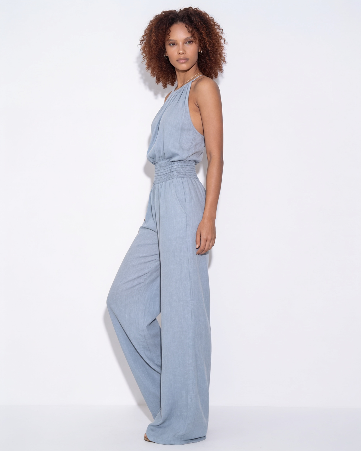 Halterneck Smocked-Waist Wide-Leg Jumpsuit