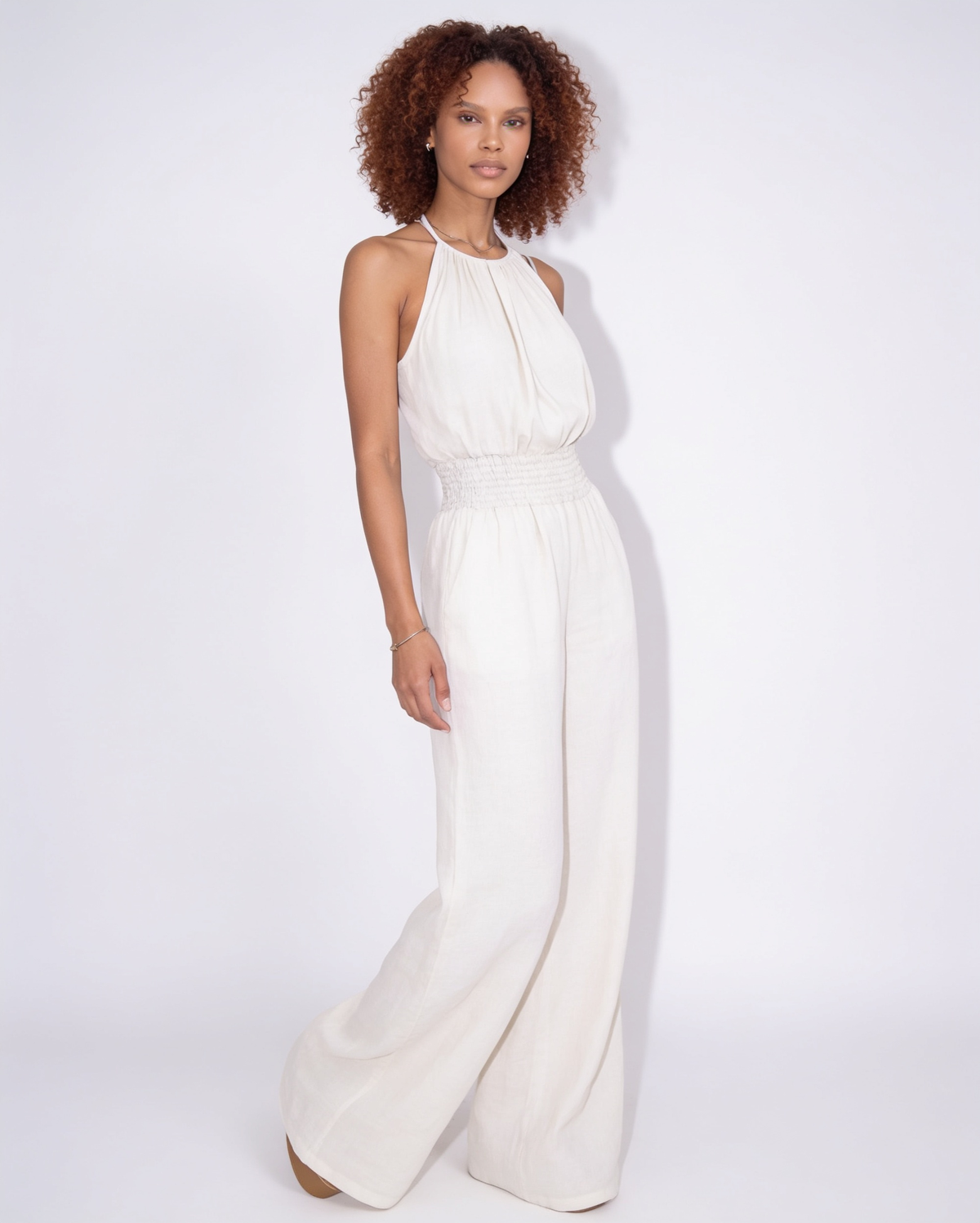 Halterneck Smocked-Waist Wide-Leg Jumpsuit
