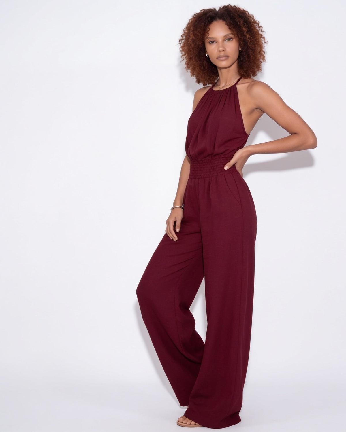 Halterneck Smocked-Waist Wide-Leg Jumpsuit