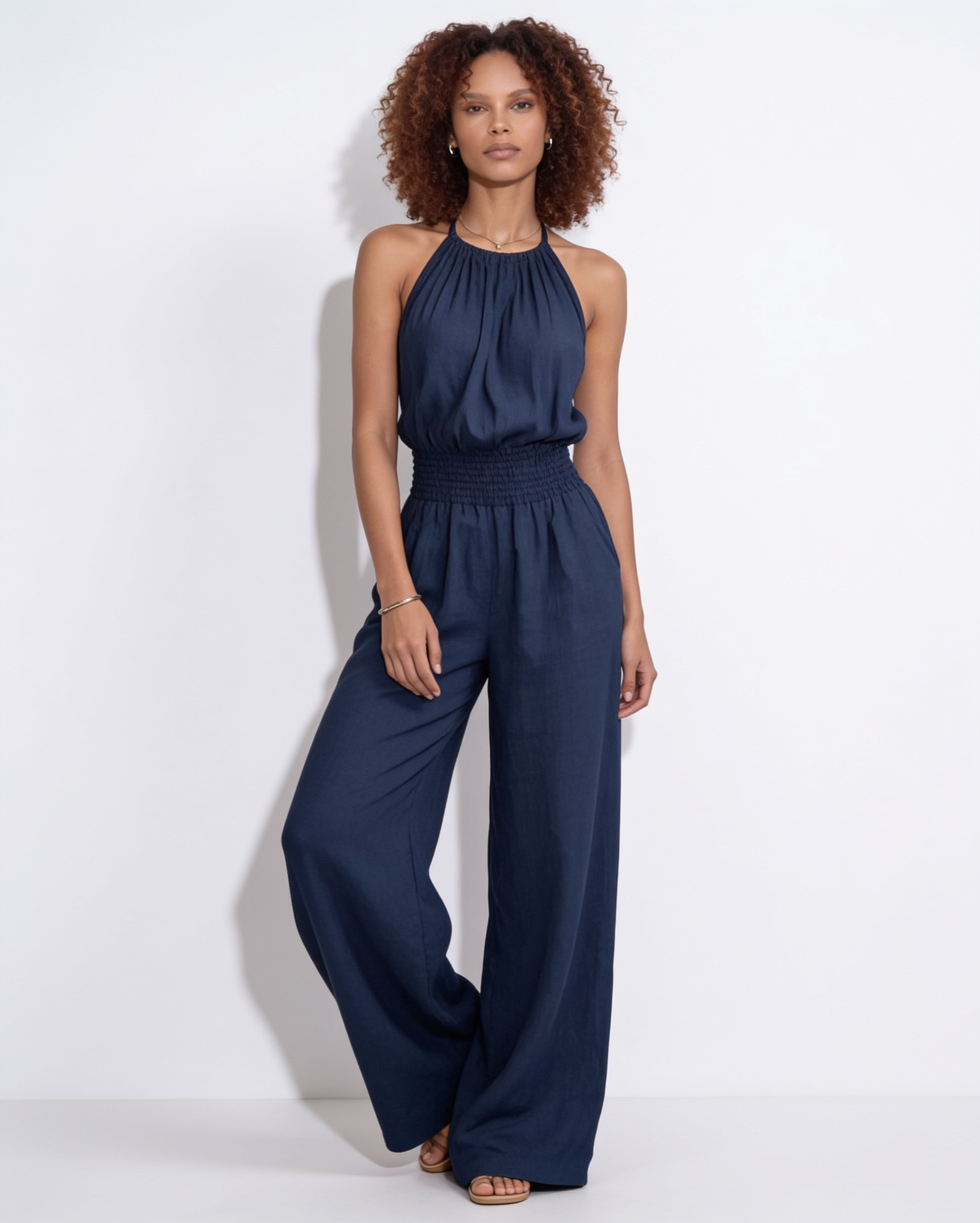 Halterneck Smocked-Waist Wide-Leg Jumpsuit