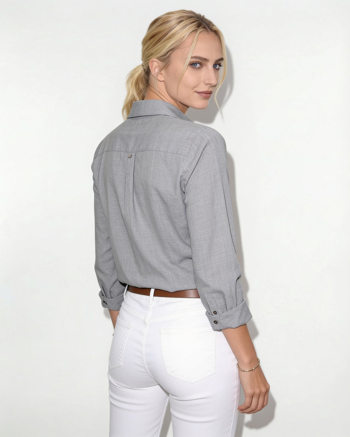 Long-Sleeve Collared Button-Front Blouse