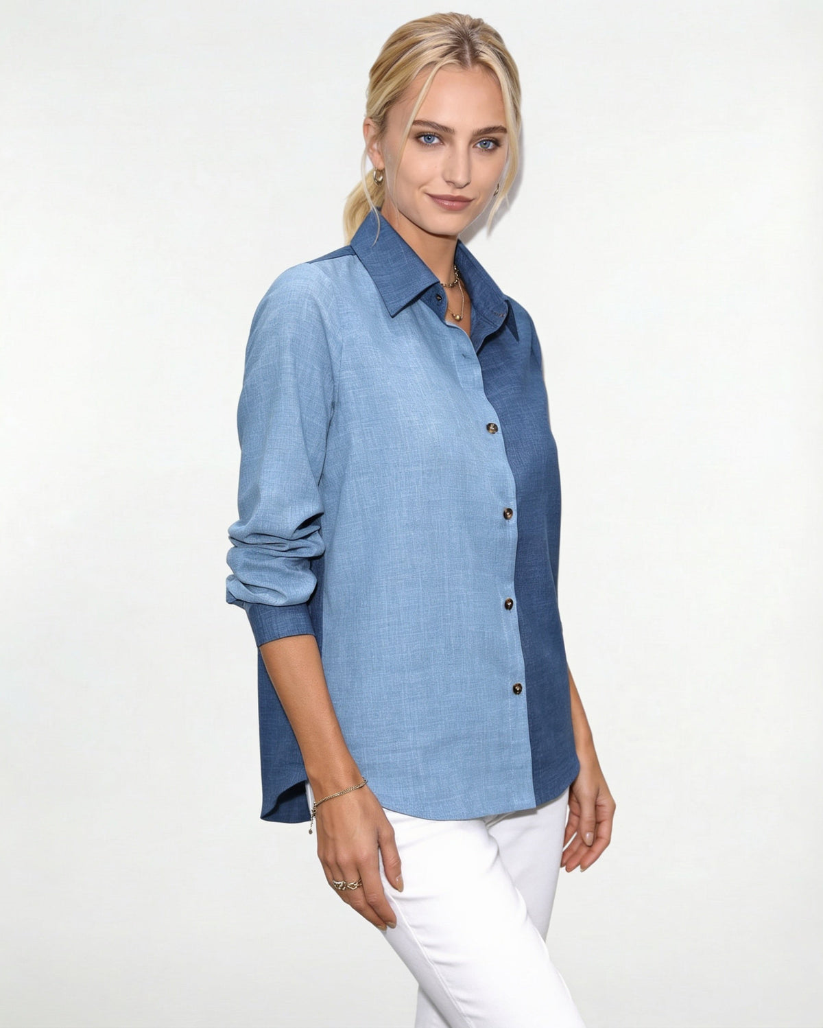 Long-Sleeve Collared Button-Front Blouse