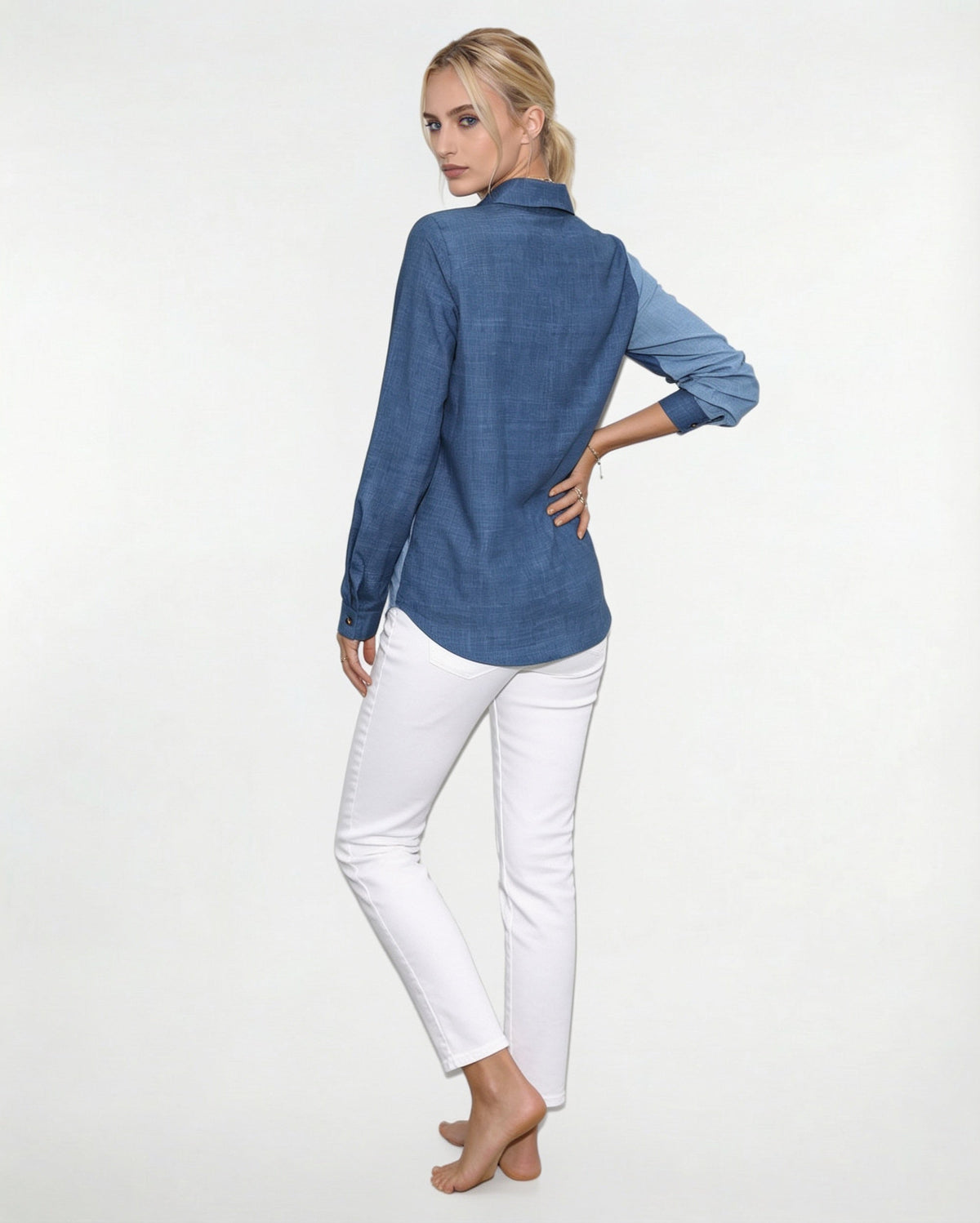 Long-Sleeve Collared Button-Front Blouse