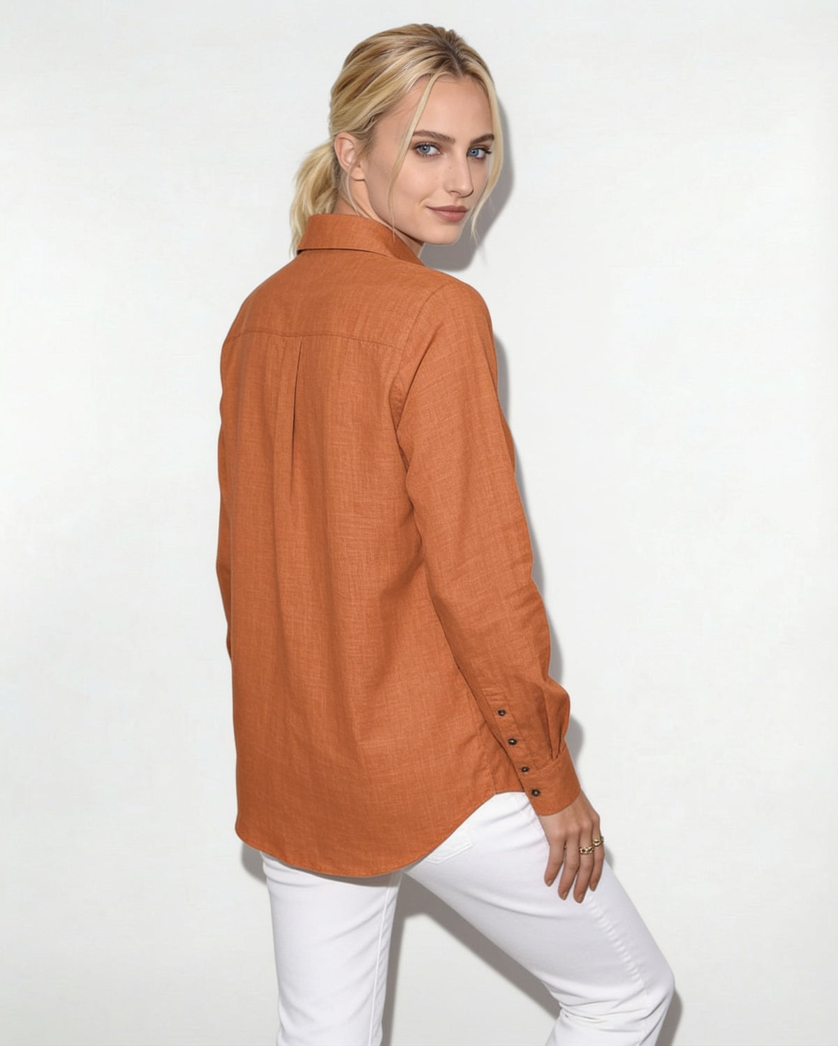 Long-Sleeve Collared Button-Front Blouse