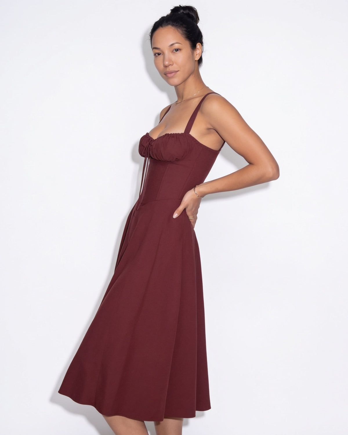 Ruched Tie-Front Corset Midi Dress