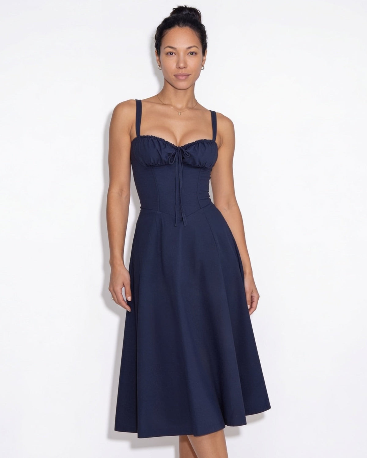 Ruched Tie-Front Corset Midi Dress