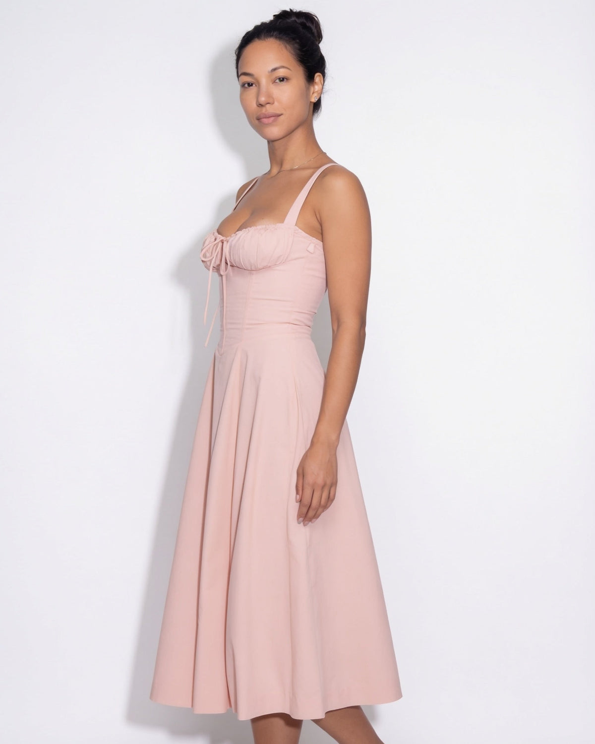 Ruched Tie-Front Corset Midi Dress