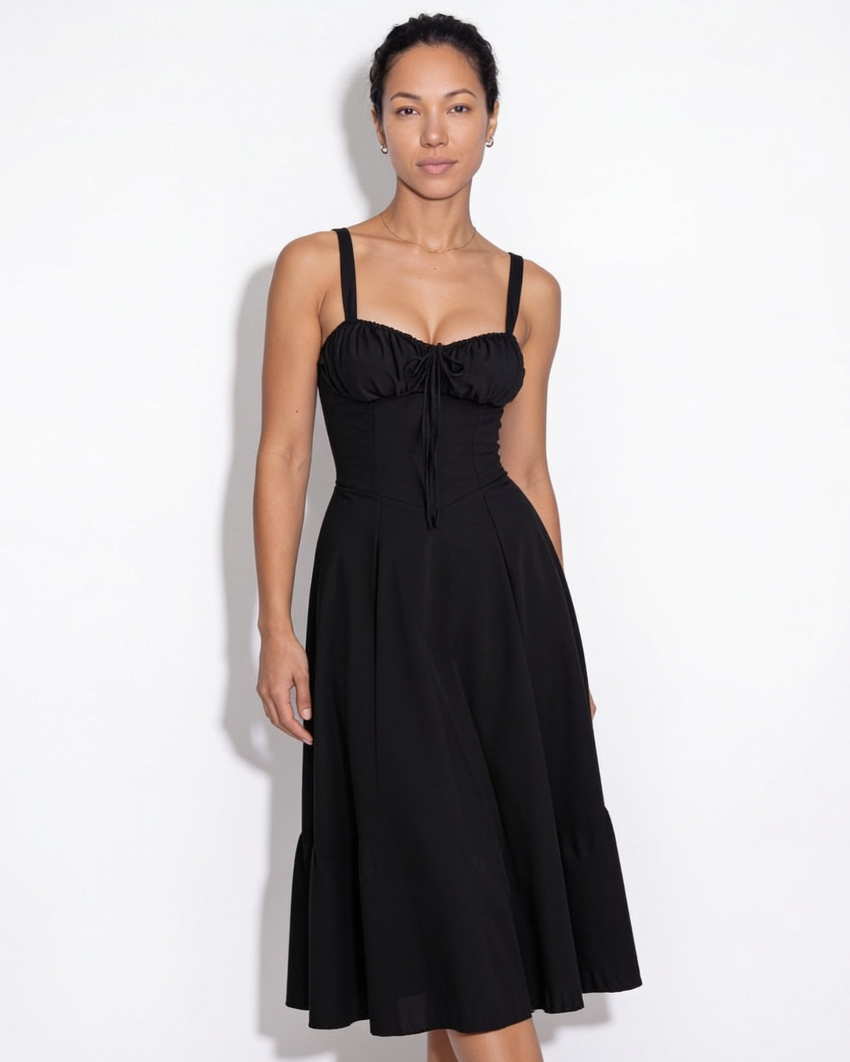Ruched Tie-Front Corset Midi Dress