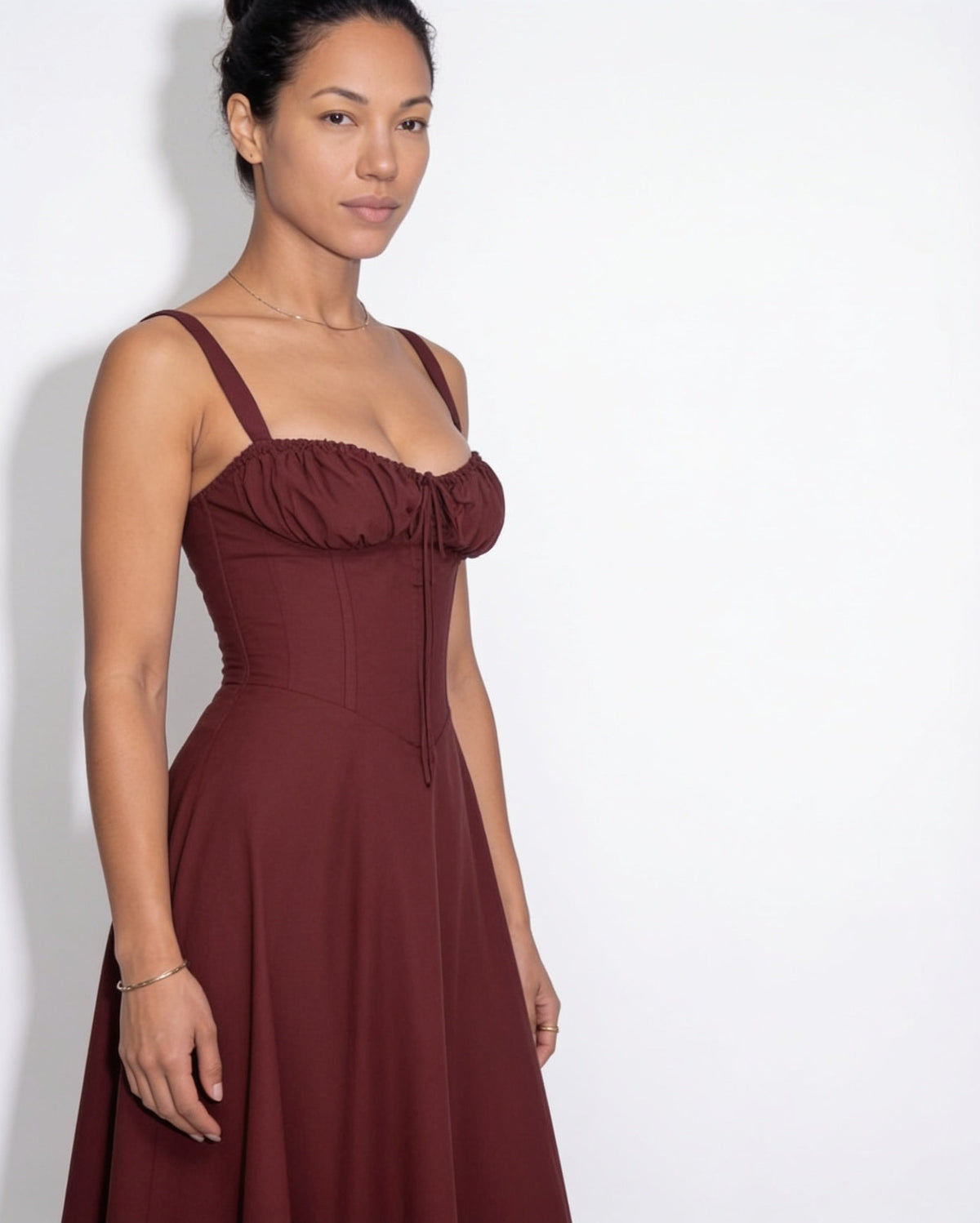 Ruched Tie-Front Corset Midi Dress