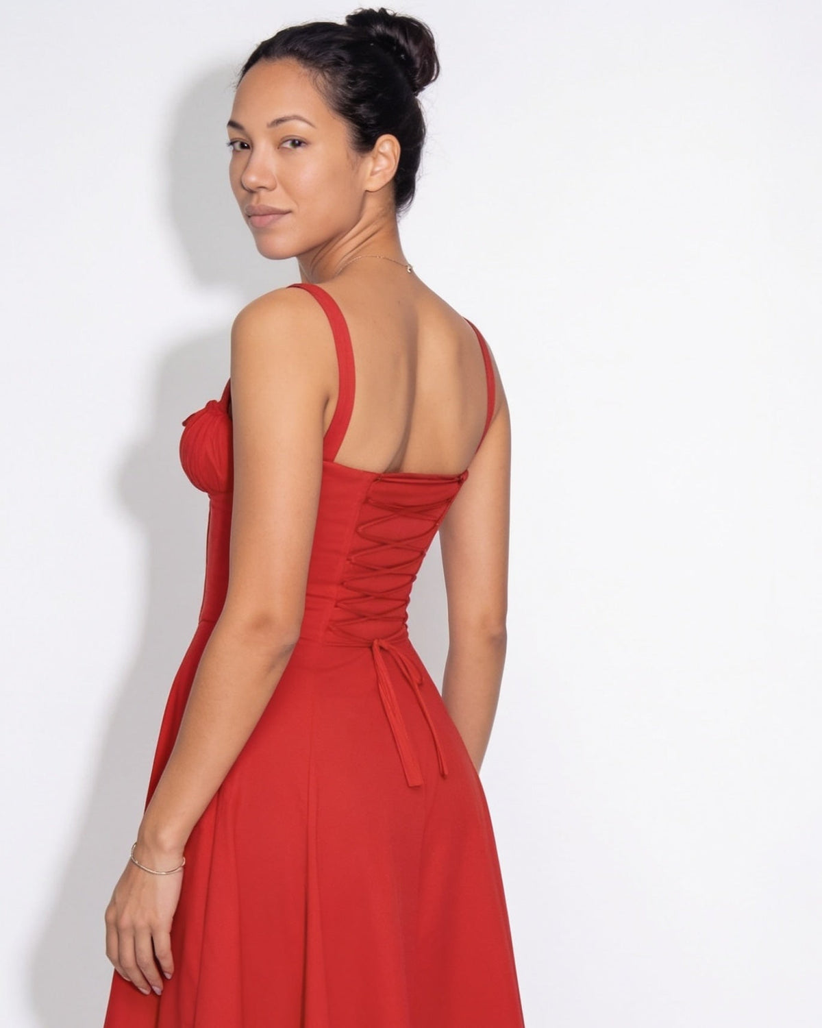 Ruched Tie-Front Corset Midi Dress