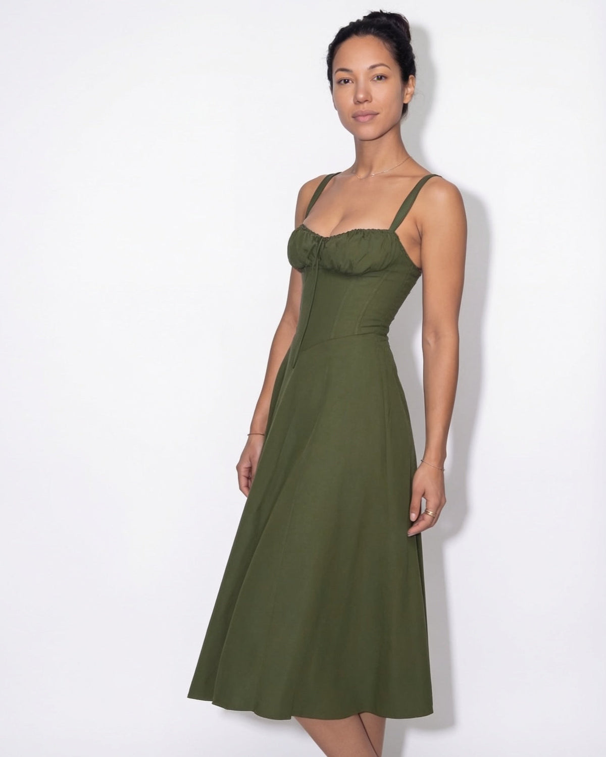 Ruched Tie-Front Corset Midi Dress