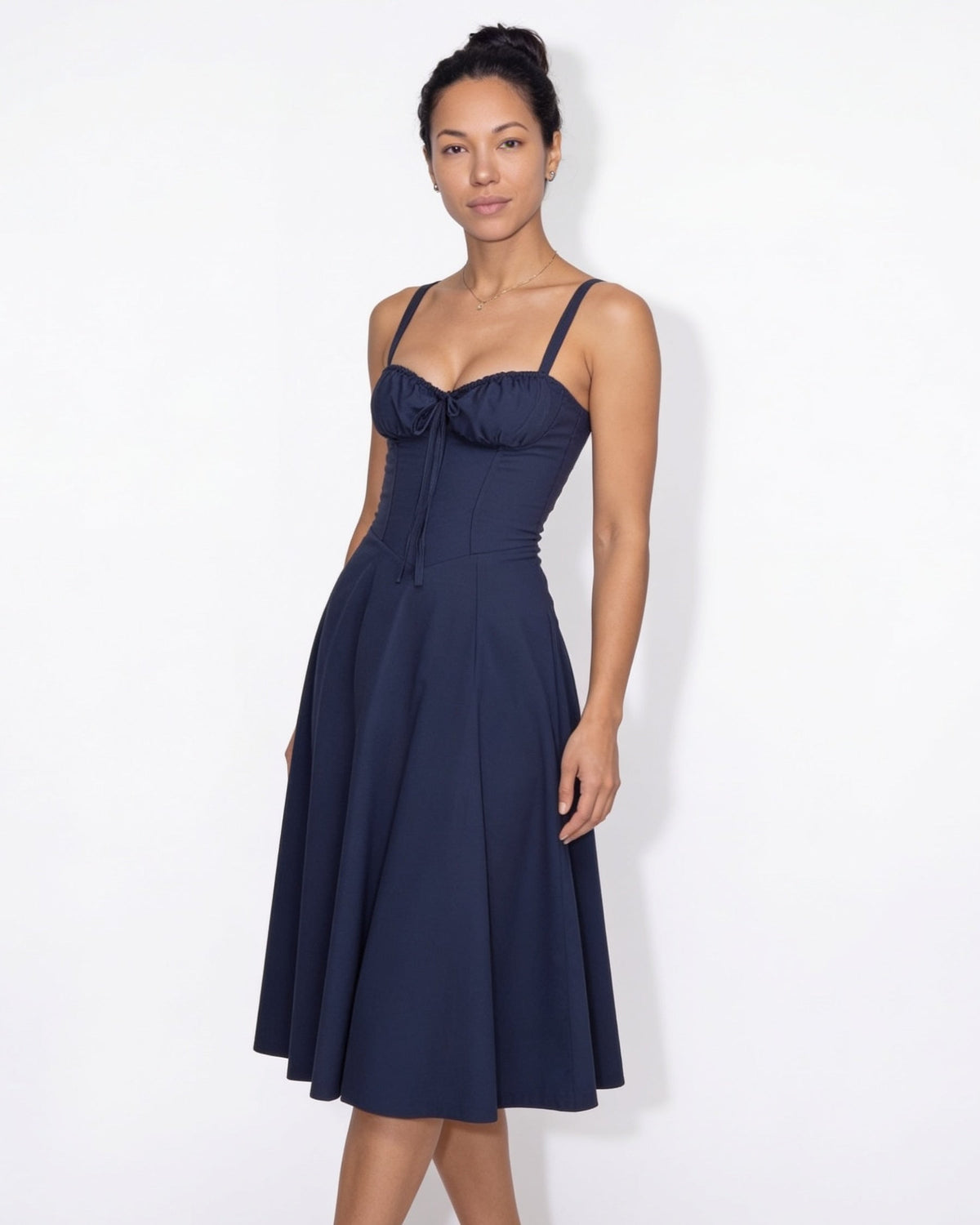 Ruched Tie-Front Corset Midi Dress
