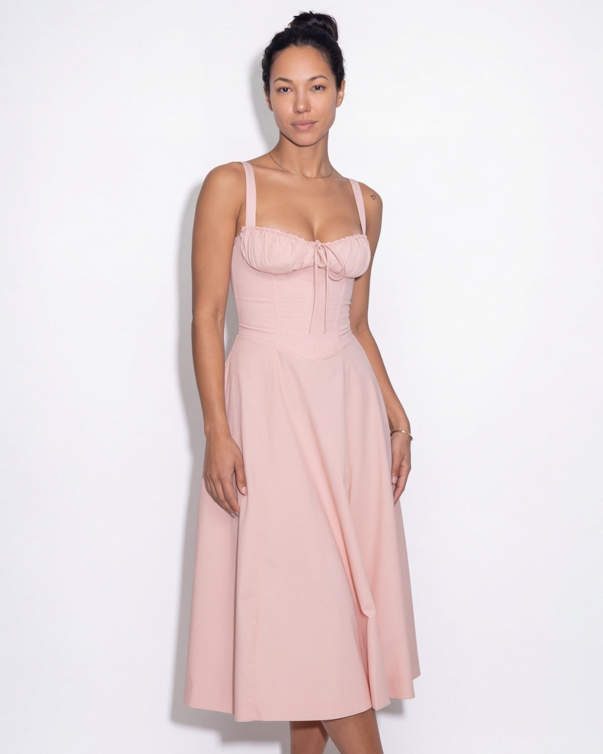 Ruched Tie-Front Corset Midi Dress