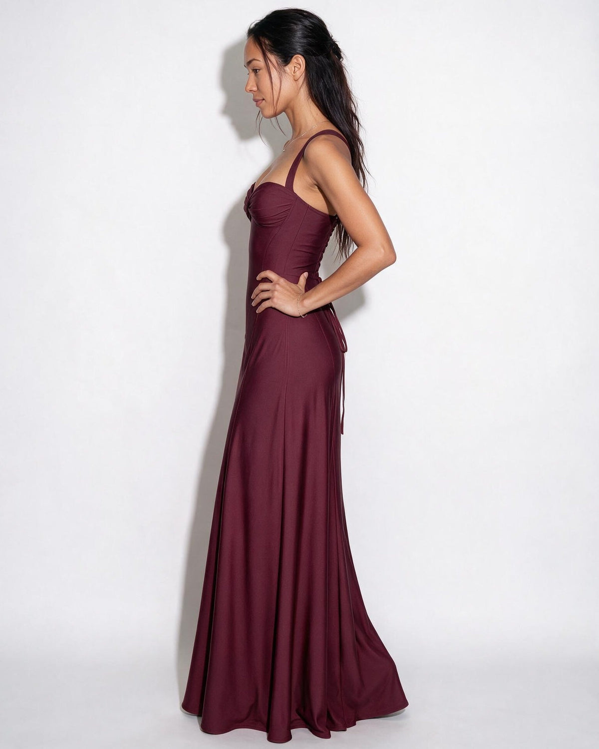 Ruched Lace-Up Back Maxi Dress
