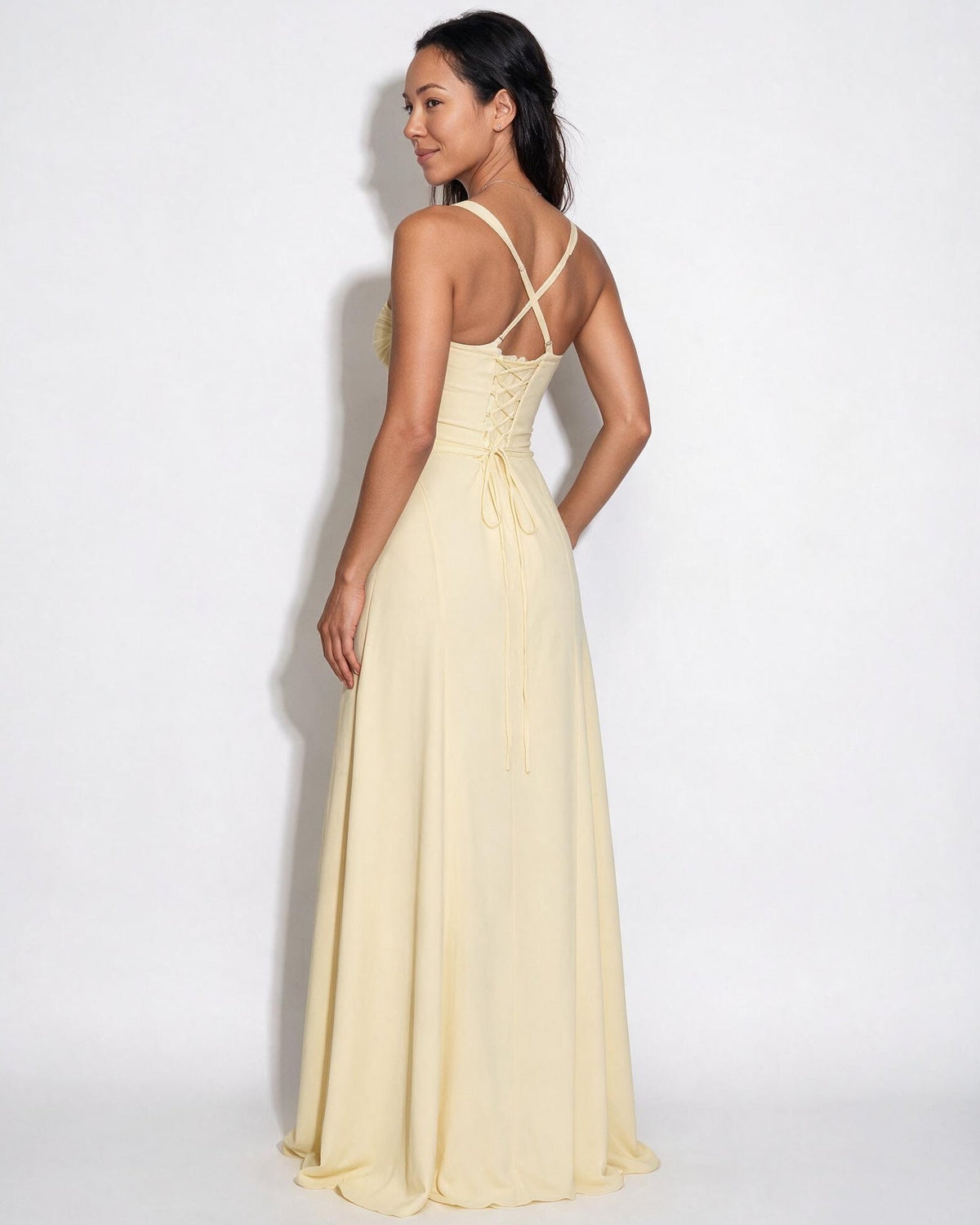 Ruched Lace-Up Back Maxi Dress