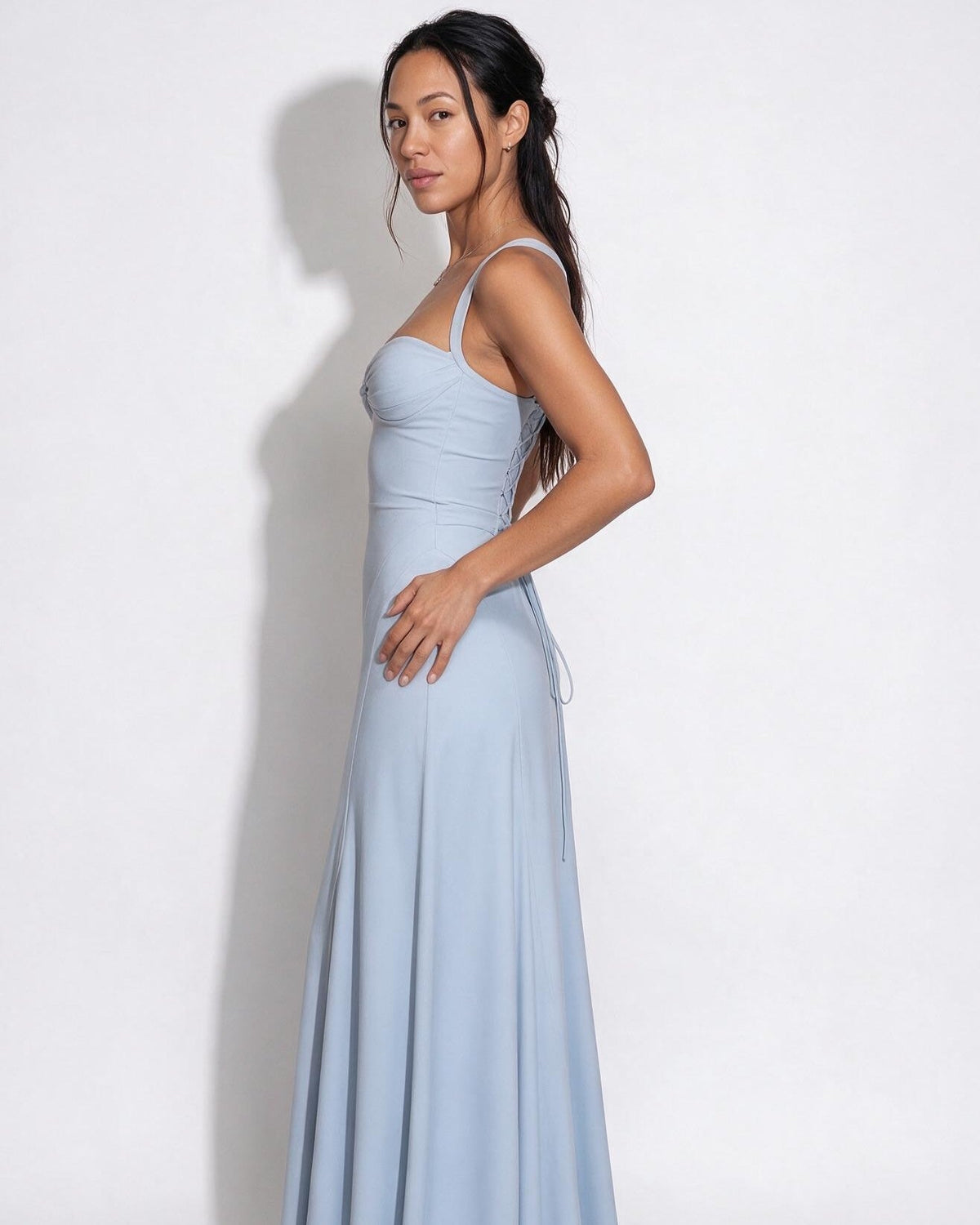 Ruched Lace-Up Back Maxi Dress