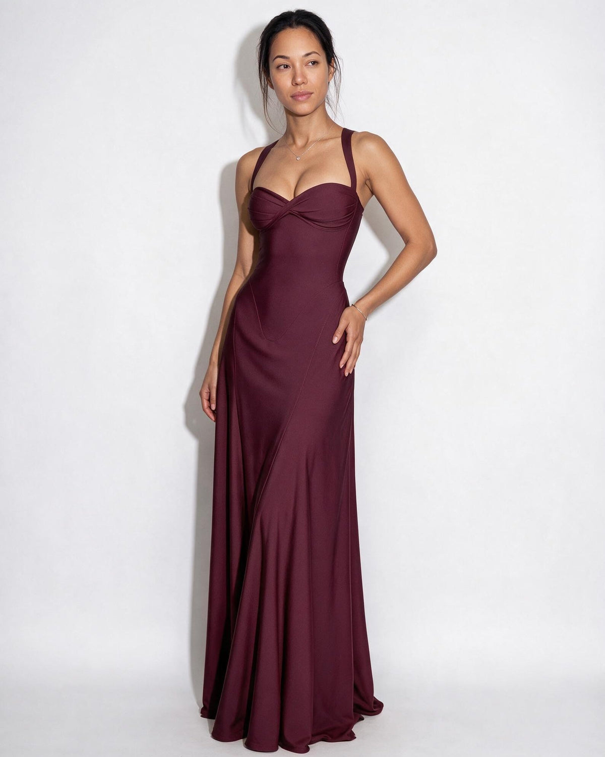 Ruched Lace-Up Back Maxi Dress