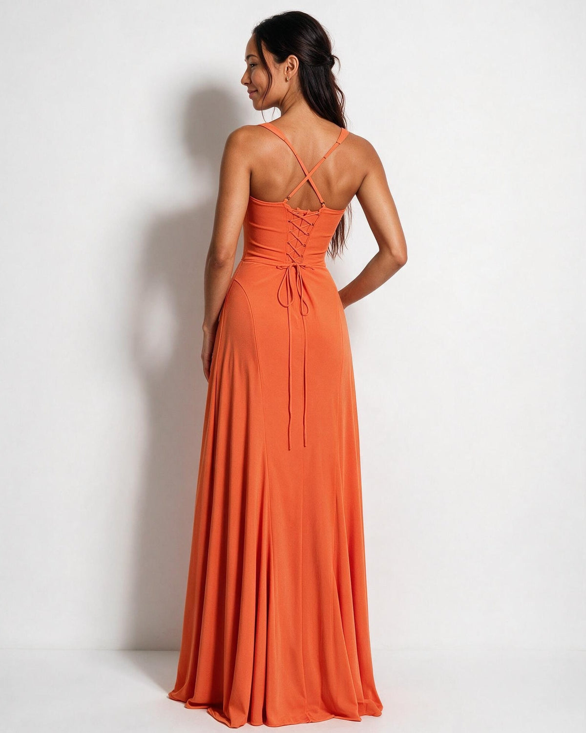 Ruched Lace-Up Back Maxi Dress