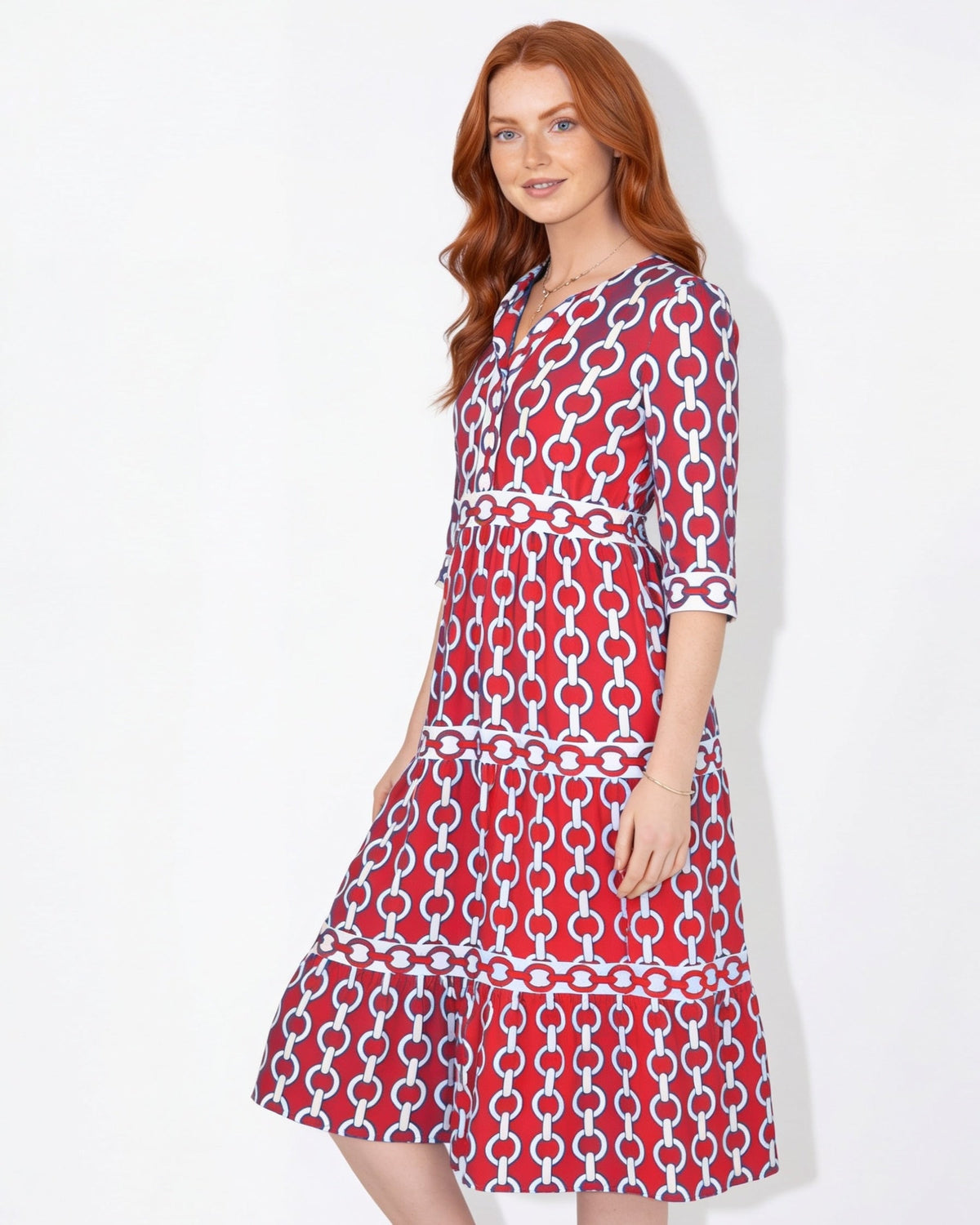 Chain-Link Print Tiered Shirt Dress